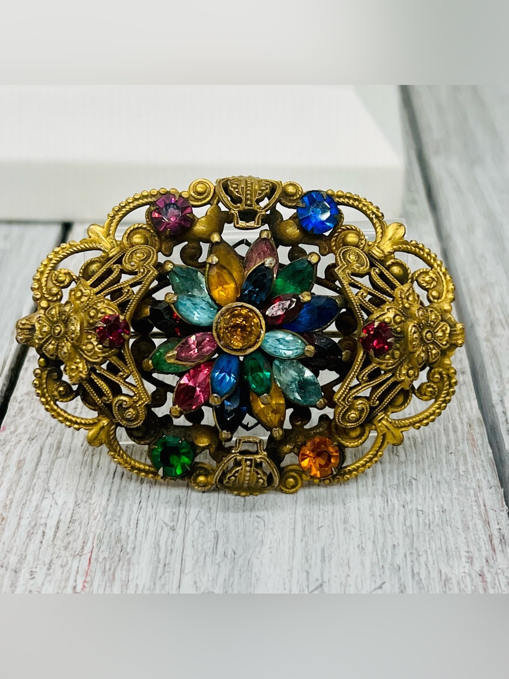 374. 1920s Czech Filigree Antique Brooch Multi-Color Rhinestones